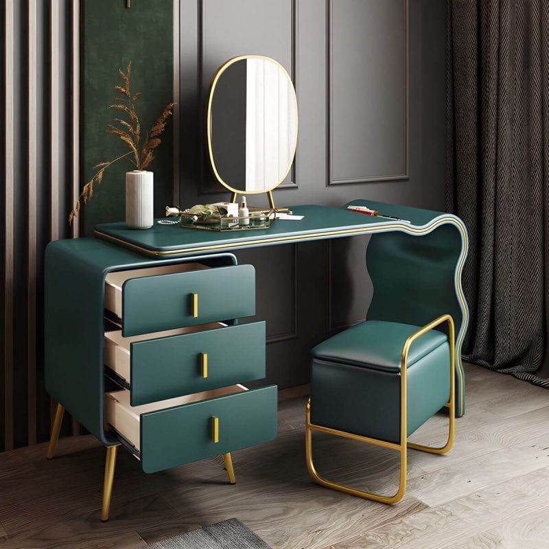 "3 Drawers Make-up Vanity Set, 28.74" H Leather Vanity with Stool & Mirror - Makeup Vanity & Mirror & Stools Green/ Gold 80 x 48 x 73 cm"