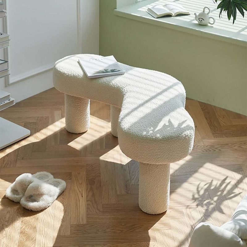"Modern White Bedroom Bench Boucle Tufted Long Bench with 4 Legs"