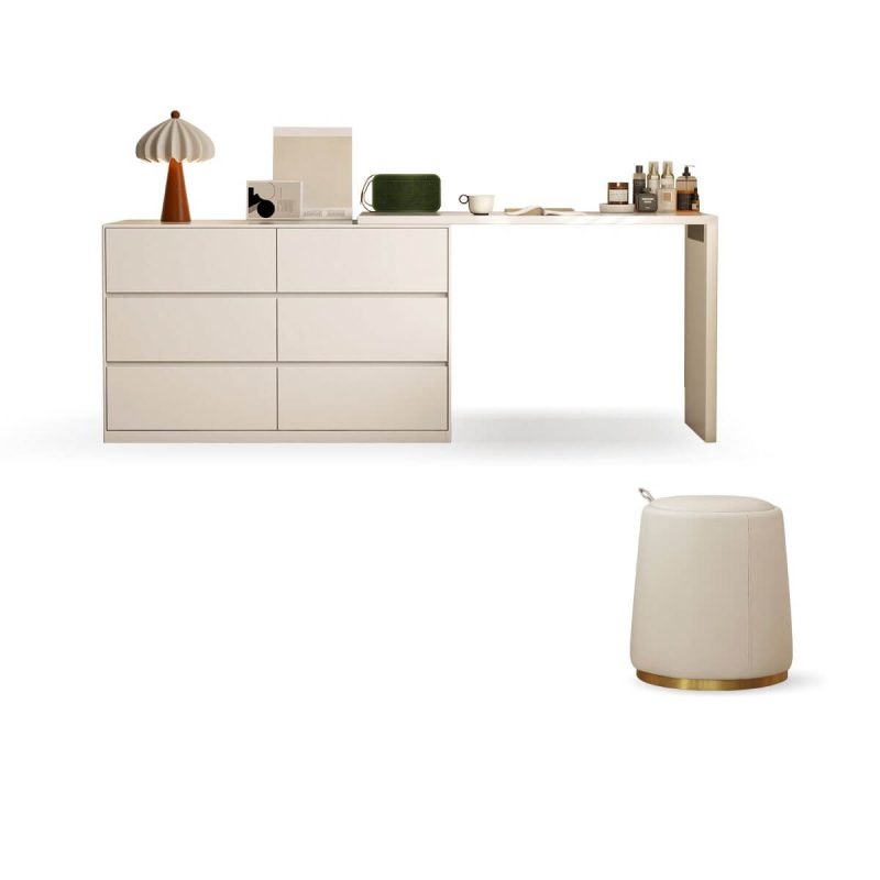 "Modish Large Vanity Set with Lumber Frame, 6 Drawers, Chalk Seating and Chair, Right, Makeup Vanity (47") & Dresser (47") & Stool"