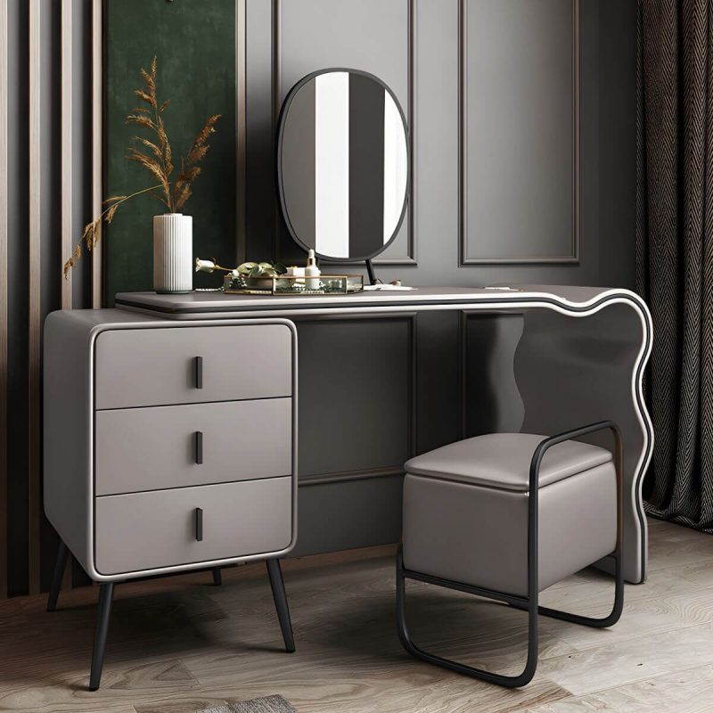 "3 Drawers Make-up Vanity Set, 28.74" H Leather Vanity with Stool & Mirror - Makeup Vanity & Mirror & Stools Gray/ Black 80 x 48 x 73 cm"