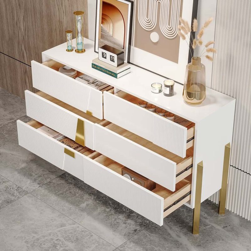 "55"W Modern White 6 Drawer Dresser Fluted Chest Storage Cabinet"