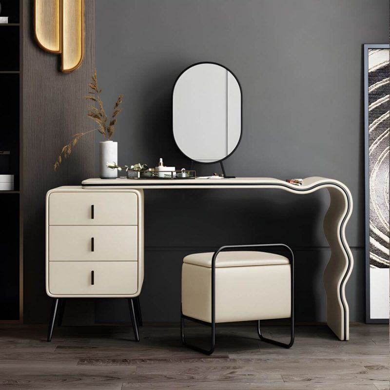 "3 Drawers Make-up Vanity Set, 28.74" H Leather Vanity with Stool & Mirror - Makeup Vanity & Mirror & Stools Off-White 80 x 48 x 73 cm"