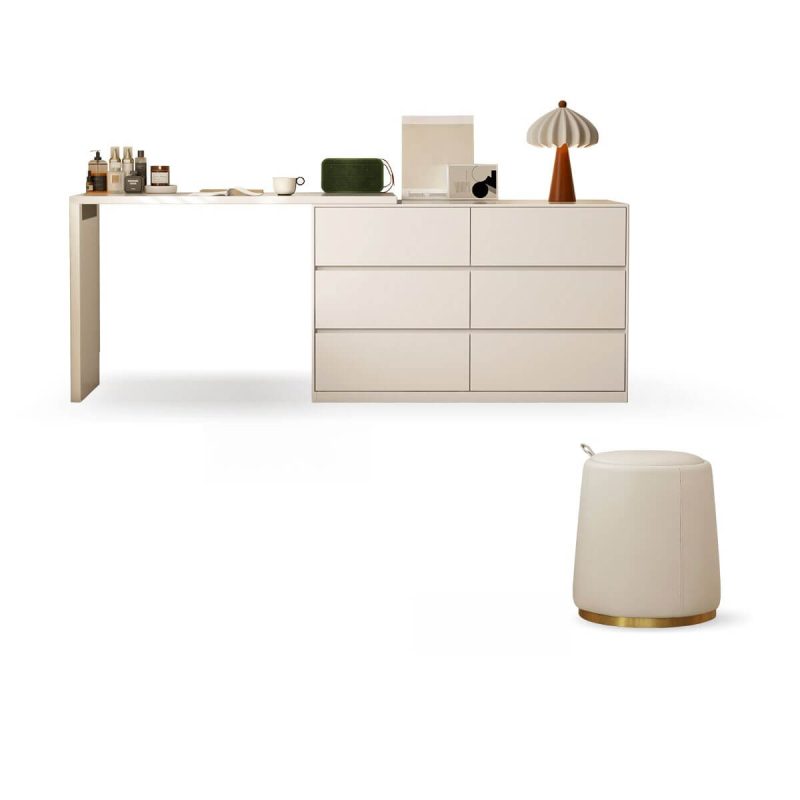 "Modish Large Vanity Set with Lumber Frame, 6 Drawers, Chalk Seating and Chair, Left, Makeup Vanity (47") & Dresser (47") & Stool"