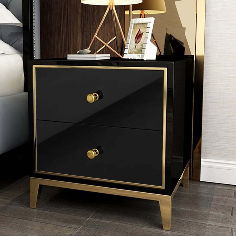 "Modern Black MDF Nightstand with 2 Drawers and Stainless Steel Leg"