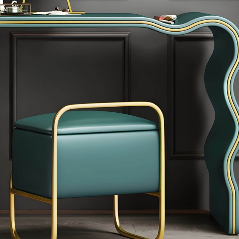 "3 Drawers Make-up Vanity Set, 28.74" H Leather Vanity with Stool & Mirror - Makeup Vanity & Stools Green/ Gold 80 x 48 x 73 cm"