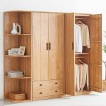 "Natural Finish Art Deco Timber Wardrobe Armoire with Interior Shelves and Clothing Rod, 33"L x 22"W x 77"H"