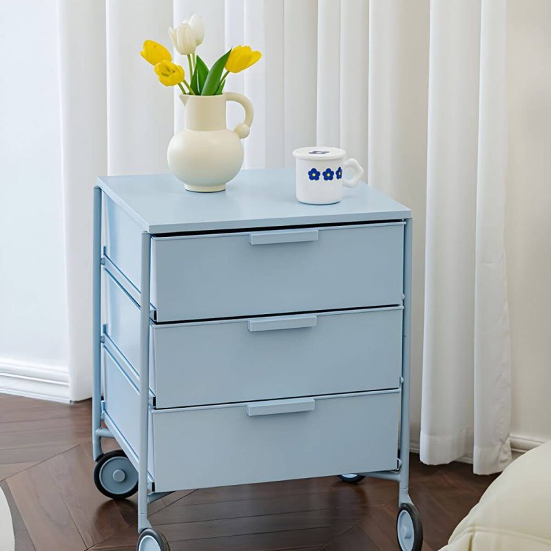 "Scandinavian Plastic Nightstand with 3 Drawers, Slim Design and Plastic Top - Blue 2 Piece Set"