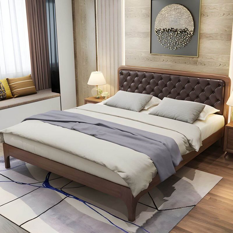 "Mid-Century Modern Upholstered Panel Bed in Genuine Leather with Tufted Headboard - Brown 59"W x 79"L"