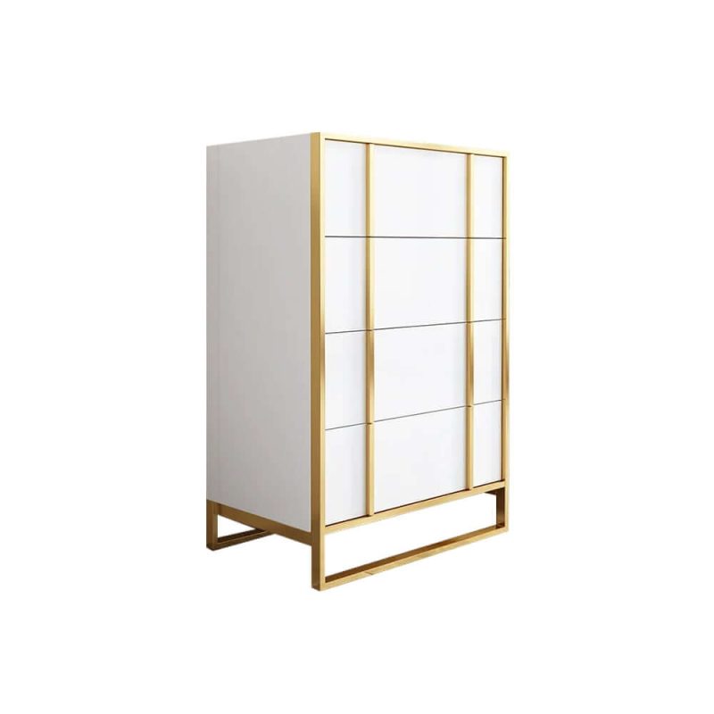 "Rimh Modern White & Gold Wooden Chest of 4 Drawers with Stainless Steel Legs"